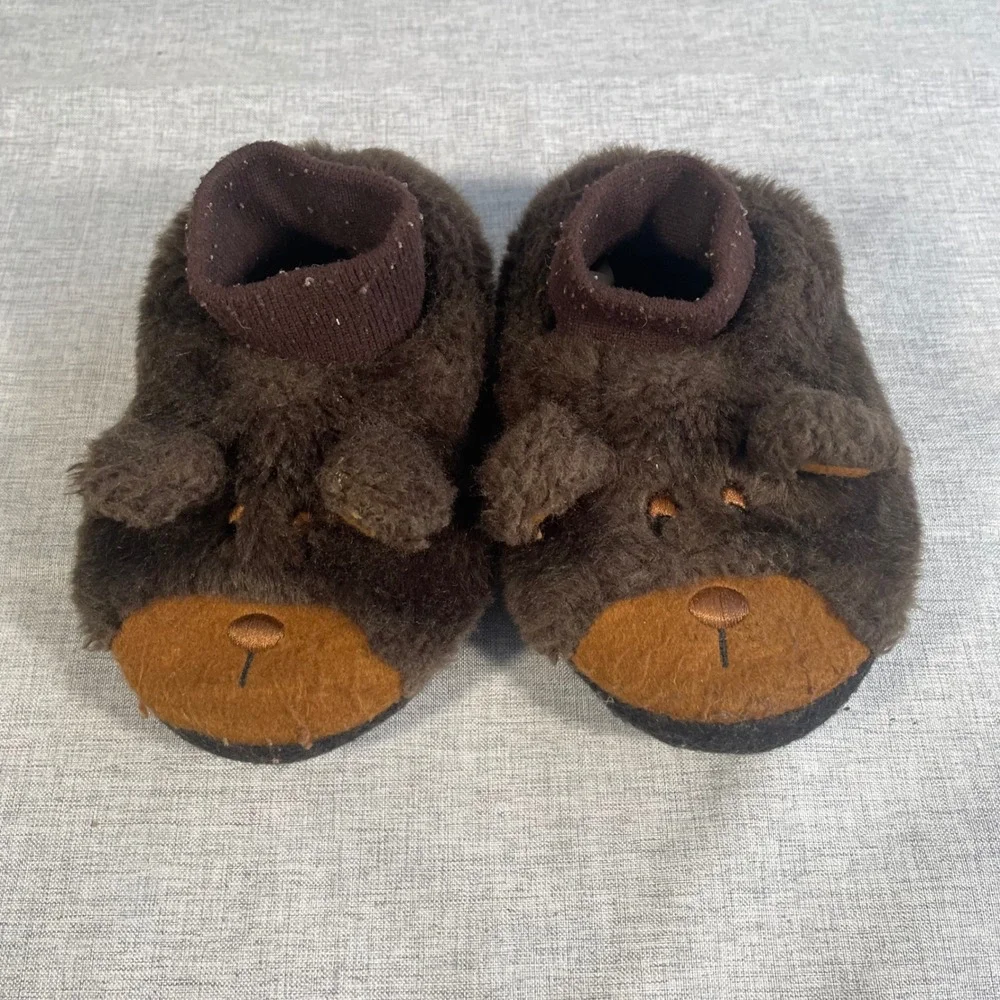 LL Bean Toddler Bear Slippers Size 7-8 Brown Fuzzy Warm Cozy